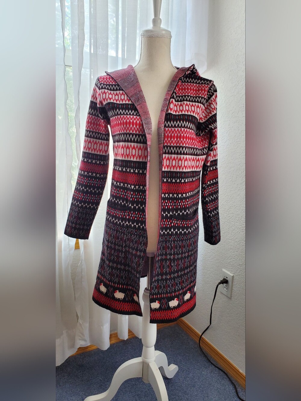 Sioni Long Hooded Fair Isle Sweater Cardigan in Red, Black, White